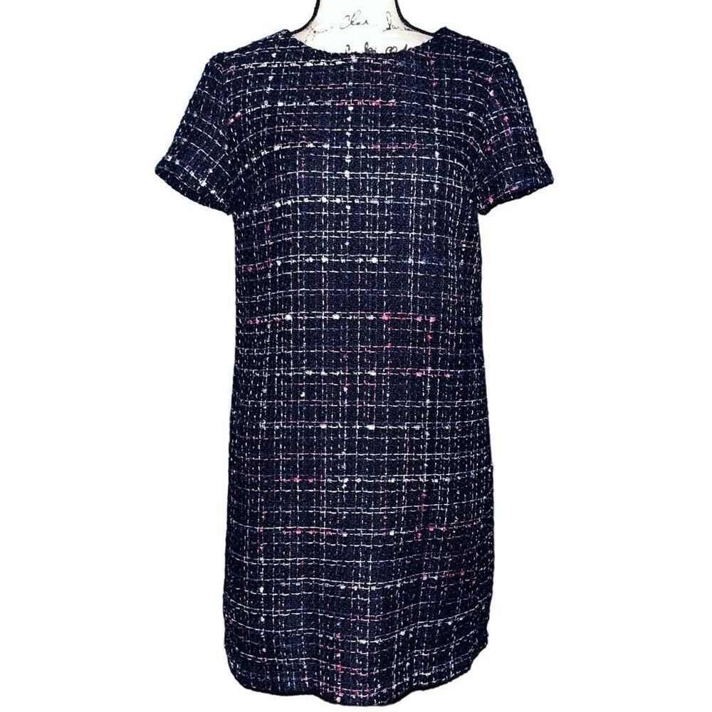 LOFT Navy Tweed Shift Dress with Subtle Pink Detail 6p